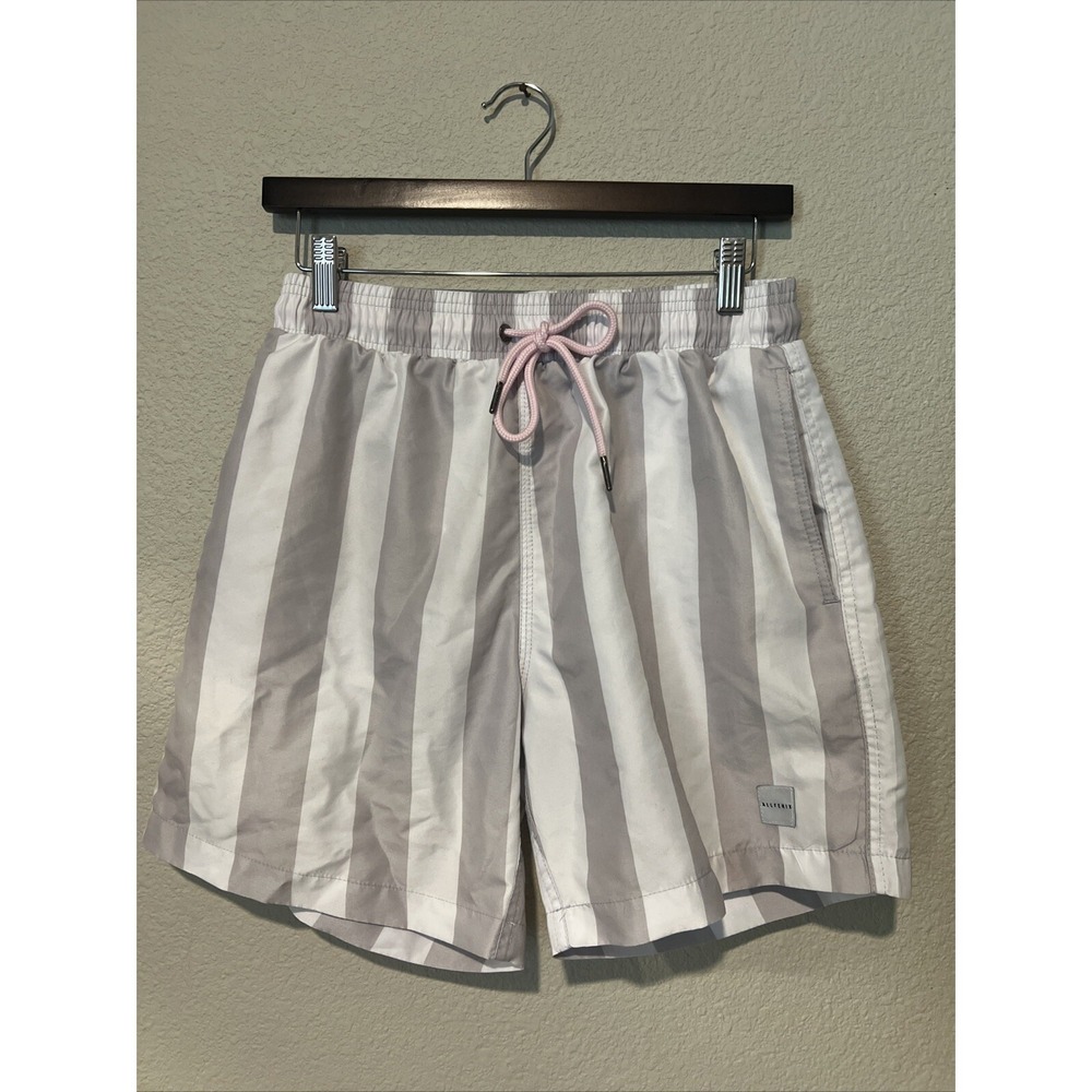 AllFenix Swim Trunks Men's GRAY/WHI striped Lined Drawstring Shorts MEDIUM